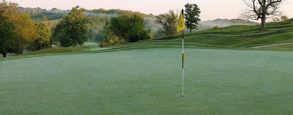 Golf course hole with yellow flag